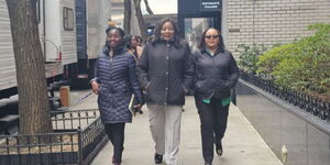 Former Prime Minister Raila Odinga's wife Ida Odinga (centre) and Council of Governors chairperson Anne Waiguru in New York during the G7 launch on March 22, 2024. 