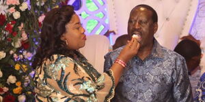 Ida Odinga feeding former Prime Minister Raila Odinga a cake during the latter's birthday in 2024.