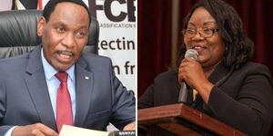 Former KFCB boss Ezekiel Mutua (left) and Mama Ida Odinga