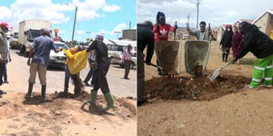 A photo collage of a section of Kenyans erecting illegal speed bumps.