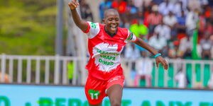 Calta Nasamunu of Barcelona Ladies SC celebrates after scoring a goal against Wiyeta Girls during the Safaricom Chapa Dimba national semifinals played at Mamboleo Stadium in Kisumu County.