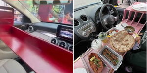 Photo collage of in-car dining experience setup 