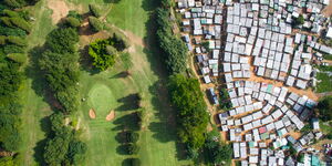 An aerial photo showing ecological inequality between Kenya’s Surbab Muthaiga, and Mathare Slums 