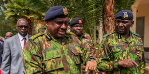 Inspector General of Police Japhet Koome (front left) and Deputy IG Douglas Kanja (front right) in Nyeri on Friday April 14, 2023