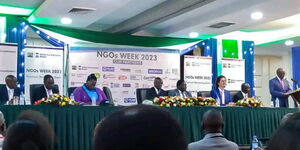A photo of Interior PS Raymond Omollo (centre) during the NGOs week event held in June 2023. 