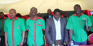 Kenya National Union of Teachers officials, led by Secretary-General Wilson Sossion (second left), lead the union's Bomet branch annual general meeting on May 12, 2019