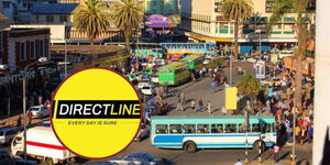 An aerial view of matatus on Nairobi CDB and an insert of Directline Assuranace