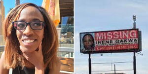 A collage photo of missing Kenyan Nurse Irene Gakwa and a missing sign in Wyoming