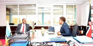 KEMSA Chairman Irungu Nyakera(Left) and Health Cabinet Secretary Susan Nakhumicha (Right) on Tuesday, May 16. 