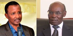 A side-by-side image of former IEBC chairperson Issack Hassan (left) during book launch on April 18, 2018, at Serena Hotel, Nairobi and RMS boss S.K. Macharia speaking during a past interview in April 2021. 
