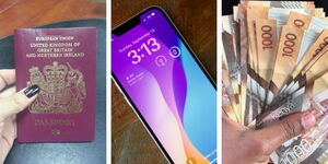 A collage photo of a British Passport, a phone and money 