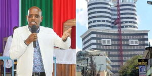 A photo collage of ICT CAS Dennis Itumbi addressing congregants at ACK Faith Church, Kiharu, Muranga, on May 21, 2023 and the NMG offices along Kimathi Street, Nairobi. 