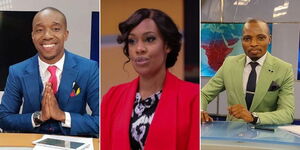 A photo collage of Citizen TV's Rashid Abdalla, Victoria Rubadiri and NTV's Lofty Matambo in their respective newsrooms.