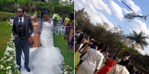 ODM leader Raila Odinga's aide Silas Jakakimba and wife Florence Nyombo during their wedding on Saturday, October 16, at Safaripark Hotel in Nairobi.