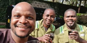 Lang'ata MP Jalang'o (left) poses for a photo with his grounds managers, Morrison Litiema (centre) and Eli Omundu at his posh home in July 2021. 