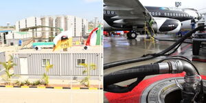 The ENI company in Kwale County constructed at Ksh16 billion (left) and a plane being refuelled at an airport.