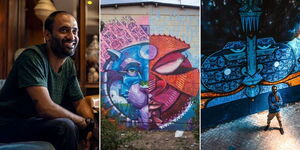 Photo collage of Kenyan artist Bhupi Jethwa and street murals