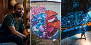 Photo collage of Kenyan artist Bhupi Jethwa and street murals