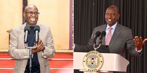 Photo collage of 2022 Presidential candidate Jimi Wanjigi speaking on February 5, 2023 and President William Ruto during national prayer breakfast 