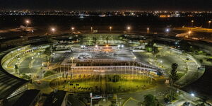 An aerial view of the Jomo Kenyatta International Airport (JKIA) in Nairobi County at night. 