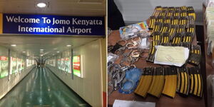 Jomo Kenyatta International Airport entry gate (JKIA) and confiscated items displayed on a table on Tuesday, November 7, 2022.