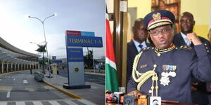 Photo collage of JKIA Terminal 1A and Inspector General of Police Japhet Koome.