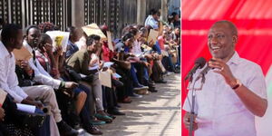 Photo collage of jobseekers waiting in Nairobi and President William Ruto speaking during a prayer service at Isiolo Boys High School on Sunday May 21, 2023