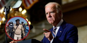 The United States President Joe Biden and an insert of Haiti gang leader  Jimmy Chérizier, alias "Barbecue."