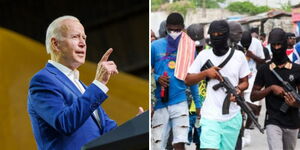 A photo collage of US President Joe Biden and a Haitian Gang at the Port-au-Prince.