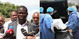 Collage of Government Chief pathologist Johansen Oduor addressing the media (left) and a body being loaded into a police car.