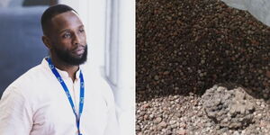 Investigative journalist John Allan Namu (left) and fertiliser suspected to have been mixed with stones.