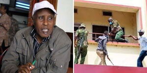 Former bank robber John Kiriamiti (left) and police officers during the Kisumu city bank heist on Tuesday, November 23.