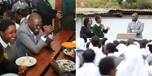 Photo collage of Nairobi Governor Johnson Sakaja interacting with State House Girls students on Wednesday May 24, 2023