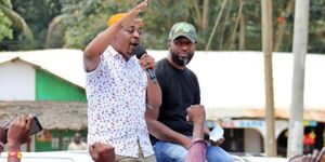 Mombasa Governor Hassan Joho with Msambweni constituency ODM candidate Omar Boga on October 16, 2020.