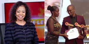 A collage image of KBC anchor Catherine Kasavuli (LEFT) and Citizen TV anchor Wahiga Mwaura receiving his award on May 7, 2022.