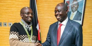 Journalist Elijah Nyaanga (left) and Deputy President Rigathi Gachagua at his office on April 4, 2023