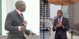 Media personalities Alex Chamwada and Larry Madowo (R) reporting live on different occasions