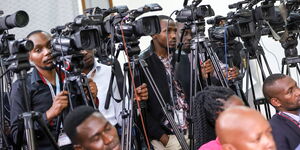 Kenyan journalists attend a press briefing on Affordable Housing, State House, Nairobi on Wednesday, May 24, 2023.