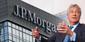 A collage of a JPMorgan Chase Bank and the company CEO Jamie Dimon, October 2024.