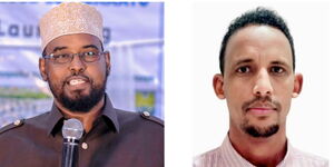 Photo collage of President Ahmed Madobe of Jubbaland (pictured left) and his envoy to Kenya, Sadik Abdullahi Bogale.