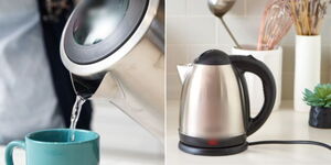 A photo collage of someone pouring hot water from an electric jug (left) and a jug placed on a kitchen counter. 