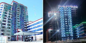 A side-by-side image of the 15-floor building located in Juja, Kiambu County.