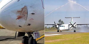 A photo collage of an airplane involved in an accident (left) in Trinidad and Tobago and a light aircraft (right) landing at Kabunde Airstrip in Homa Bay County.