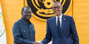 Former Prime Minister Raila Odinga at a meeting with President Paula Kagame in Rwanda on March 8, 2023.