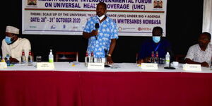 Health Cabinet Secretary Sen. Mutahi Kagwe speaking during the Health Sector Intergovernmental Forum on Universal Health Coverage in Mombasa onOctober 30, 2020.