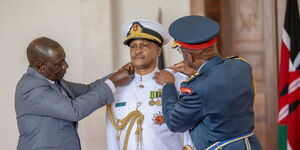 General Charles Muriu Kahariri alongside President William Ruto and former CDF General Francis Ogolla at State House on March 9, 2024.