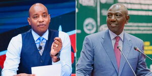 A photo collage of RMS Group Editorial Director Linus Kaikai at Citizen TV studios on November 20, 2023 (left) and President William Ruto speaking in South Africa on May 17, 2023 (right).