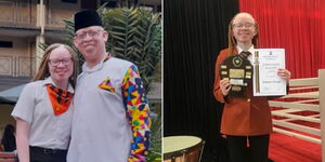 A collage image of Goldalyn Kakuya together with Nominated Senator Isaac Mwaura at Brookhouse School (LEFT) and showcasing her awards in 2020 (RIGHT).