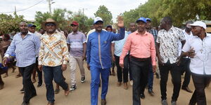 Wiper party leader Kalonzo Musyoka (centre) alongside other party officials during a tour in Tharaka Nithi on Thursday, August 28, 2025.