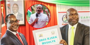 Education Cabinet Secretary Julius Ogamba (Left) alongside Basic Education Principal Secretary Julius Bitok during the release of 2025 KJSEA results, and insert of Kalonzo Musyoka criticizing the KJSEA grading system.